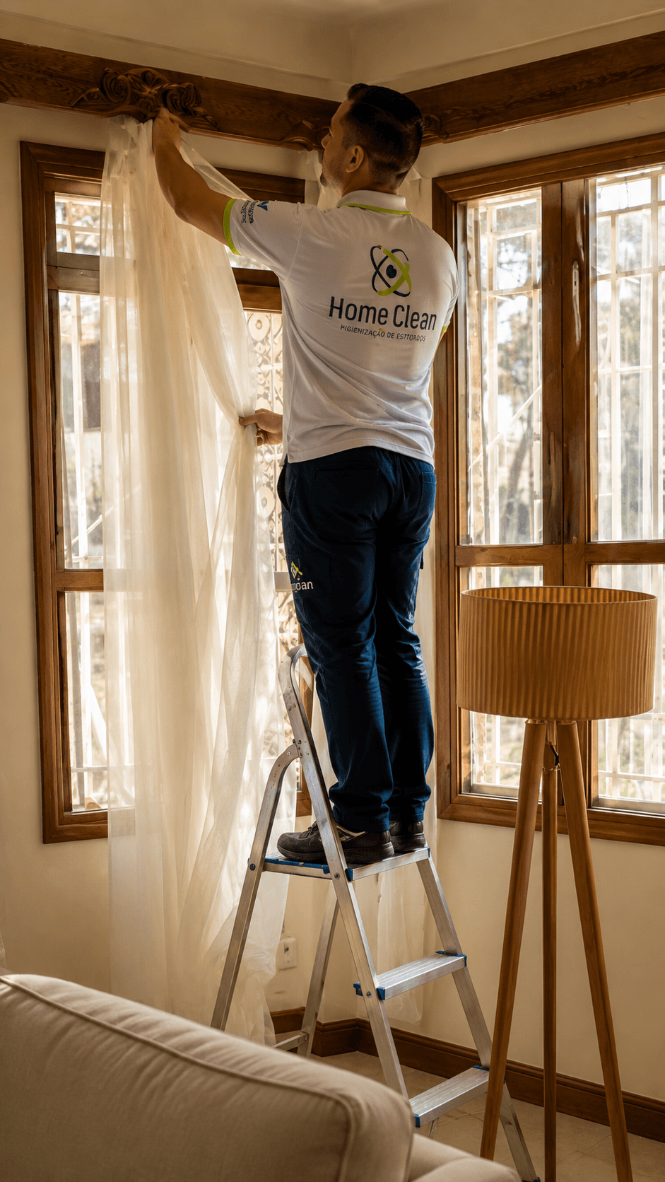 Profissional Home Clean higienizando uma cortina